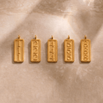 Five gold rectangular 111, 222, 444, 555, 888 Angel Number charms with beaded borders, each displaying a different number sequence on a neutral background.