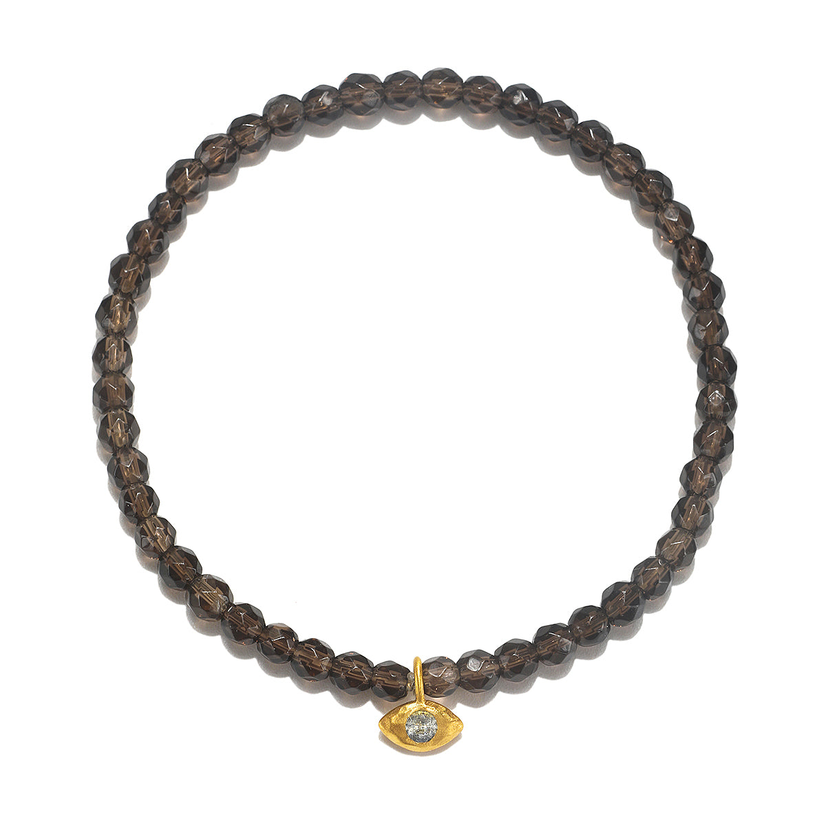 Smokey quartz beaded bracelet with gold-toned compass charm pendant featuring a blue stone center.