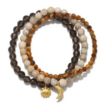Manifest Balance Gemstone Bracelet Set featuring African opal, smokey quartz, and tiger eye beads, ideal for spiritual jewelry and meditation practices that enhance protection and meaning. Perfect for yoga enthusiasts and zodiac lovers, these malas serve as talismans for manifestation, inspired by celestial elements of the sun and moon.