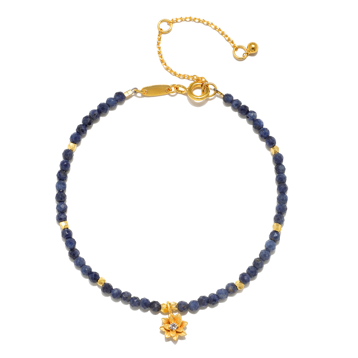 Sapphire Lotus September Birthstone Bracelet featuring sapphire beads and an 18kt gold plated lotus flower, symbolizing spiritual protection and new beginnings. This meaningful piece is perfect for meditation, yoga, and manifesting positive energies.