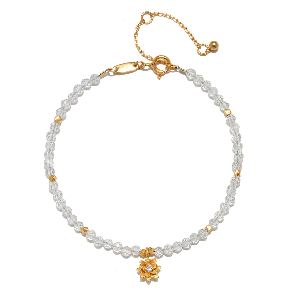 White Topaz Lotus April Birthstone Bracelet featuring a gold lotus flower pendant, perfect for meditation and manifestation, embodying meanings of spiritual jewelry and protection. Ideal for yoga enthusiasts seeking a meaningful talisman.