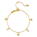 Enchanted Journey Celestial Charm Bracelet showcasing delicate gold chain adorned with crescent moons and suns, embodying spiritual jewelry and talisman for protection, perfect for meditation and manifestation.