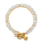 Goddess Wisdom Moonstone Beaded and Chain Toggle Bracelet displayed elegantly, showcasing its moonstone and gold-plated links, perfect for spiritual jewelry, meditation, and protection in your yoga practice.
