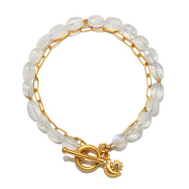 Goddess Wisdom Moonstone Beaded and Chain Toggle Bracelet displayed elegantly, showcasing its moonstone and gold-plated links, perfect for spiritual jewelry, meditation, and protection in your yoga practice.