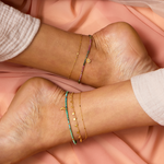 Moonlit Journey Turquoise Moon Anklet showcased on a model's ankle, featuring turquoise beads and a golden crescent moon charm, embodying spiritual jewelry, protection, and charm, perfect for meditation and meaningful practices.