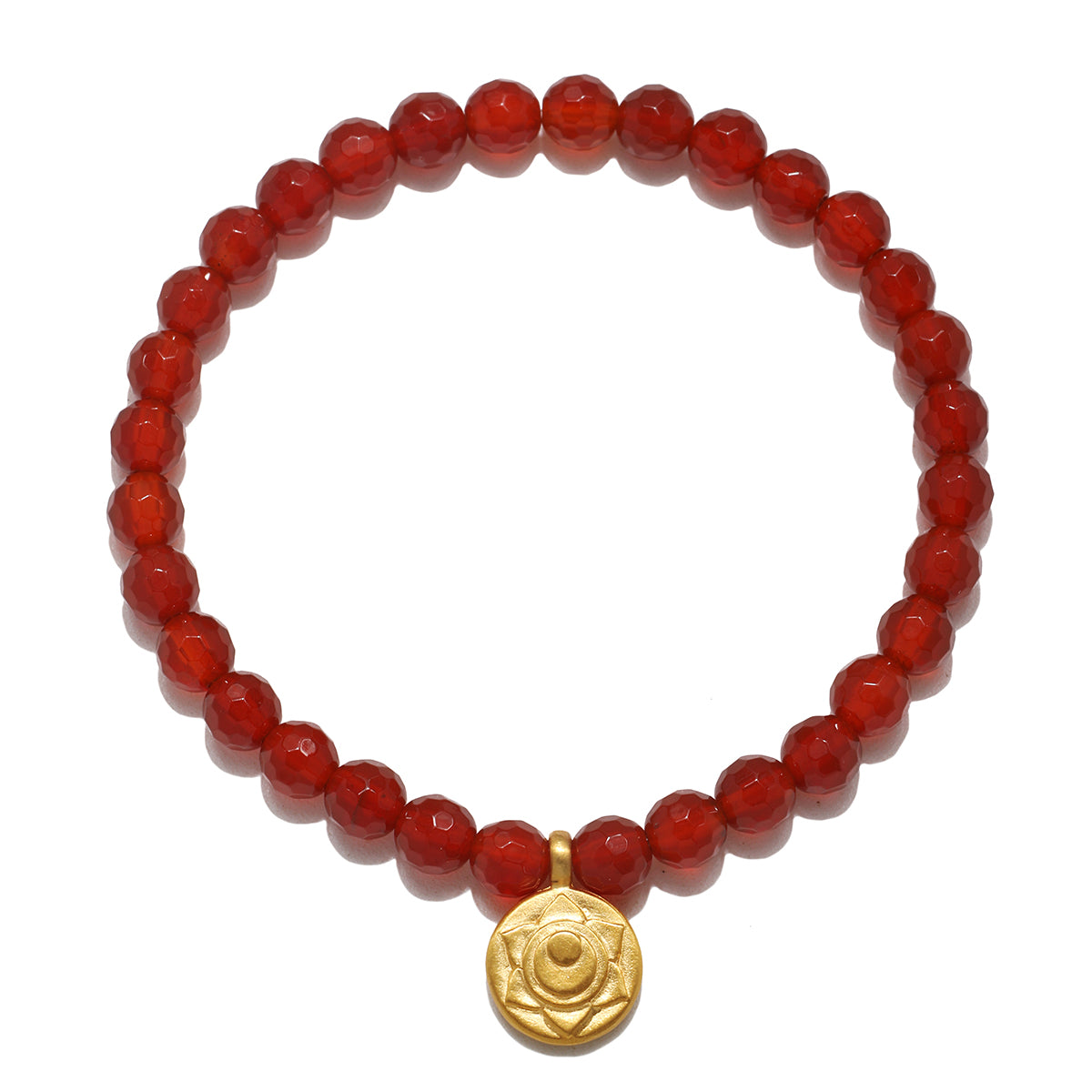 Sacral Chakra Carnelian Stretch Bracelet featuring 6mm faceted carnelian stones and a 12mm gold plated charm, perfect for spiritual jewelry, meditation gifts, and yoga practices for manifestation and protection.