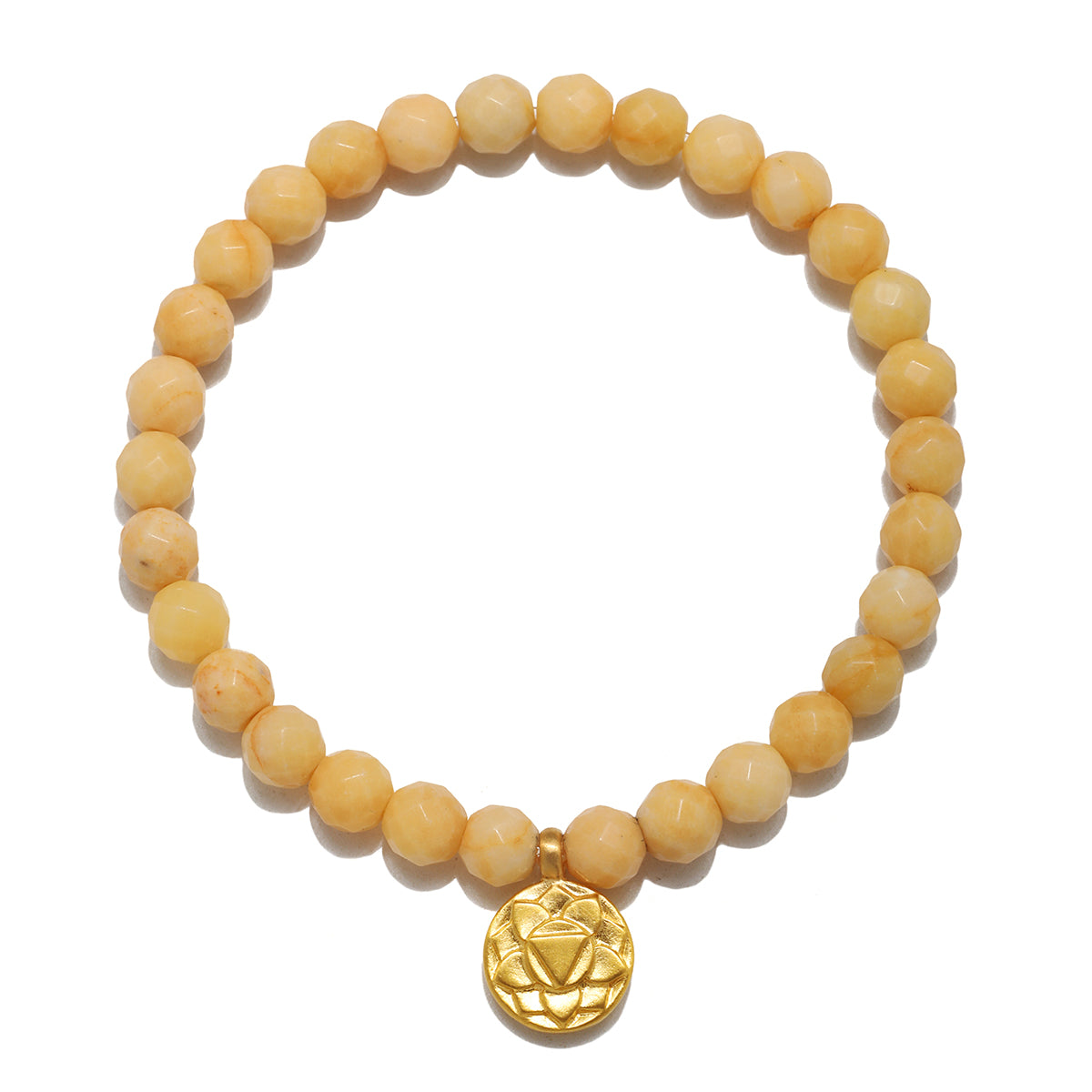 Solar Plexus Chakra Yellow Jade Stretch Bracelet featuring a unique arrangement of yellow jade beads and a gold charm, representing spiritual growth. An ideal accessory for meditation, protection, and meaningful connection during yoga.