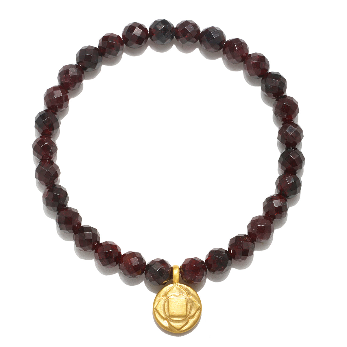 Root Chakra Garnet Stretch Bracelet featuring beautifully faceted garnet beads and an 18kt gold plated charm, symbolizing grounding and security. This piece of spiritual jewelry is perfect for meditation gifts, enhancing your yoga practice and aiding in manifestation. Its meaningful design makes it a protective amulet, connecting to sacred energies and zodiac influences.