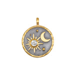 Celestial Alignment Charm pendant featuring a radiant sunburst, crescent moon, and white topaz. This spiritual jewelry piece symbolizes protection and manifestation, perfect for meditation and yoga practices.