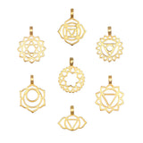 Seven gold-toned metal charms with geometric chakra symbols and lotus petal designs arranged in a circular pattern.