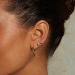 Mini Hamsa Diamond 14kt Gold Stud Earrings showcased in a model's ear, embodying spiritual jewelry that offers protection and meaning. Perfect for meditation, yoga, and personal manifestation, these earrings serve as a beautiful talisman, blending style with spiritual significance.