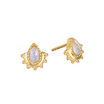 Majestic Nature Rainbow Moonstone Earrings feature a teardrop-shaped rainbow moonstone set in 18kt gold plating, offering a charming sparkle. This spiritual jewelry serves as a talisman of hope and protection, perfect for meditation and yoga practice, embodying meaningful energy for manifestation and connection to the sun and moon.