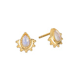 Majestic Nature Rainbow Moonstone Earrings feature a teardrop-shaped rainbow moonstone set in 18kt gold plating, offering a charming sparkle. This spiritual jewelry serves as a talisman of hope and protection, perfect for meditation and yoga practice, embodying meaningful energy for manifestation and connection to the sun and moon.