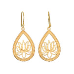 Open to Possibilities Lotus Earrings, featuring elegant openwork teardrop design cradling a delicate lotus flower, embodying spiritual jewelry concepts of manifestation and protection. Perfect for yoga and meditation practices, these earrings symbolize new beginnings and meaningful charms.