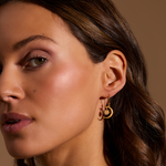 A model showcasing the Spirit in Transformation Lotus Moon Earrings, symbolizing spiritual growth and protection. The elegant design marries the moon and lotus, enhancing meditation experiences with this meaningful talisman for those who seek to connect with their spirituality and yoga practices.