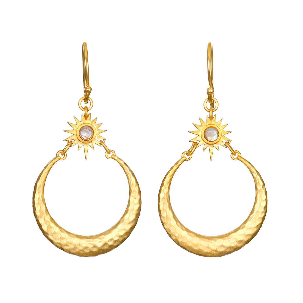 Stellar Sisterhood Moonstone Hoops featuring hammered 18kt gold plate and moonstone accents, embodying spiritual jewelry for those seeking protection and guidance in their meditation and yoga practices. These meaningful earrings symbolize the connection between sun and moon, enhancing manifestation and zodiac energy.