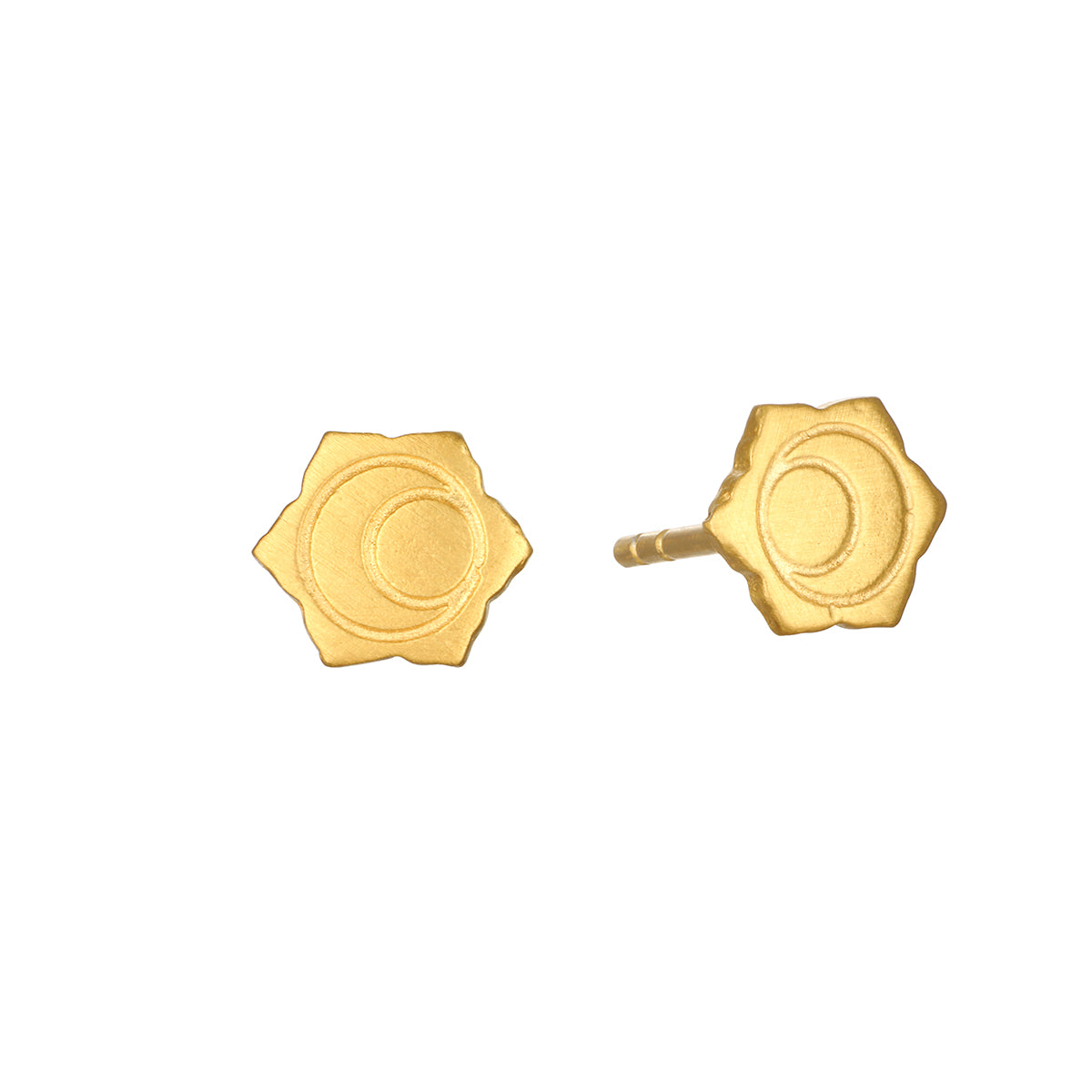 Sacral Chakra Stud Earrings featuring a beautiful engraved design, symbolizing creativity and desires. Ideal for spiritual jewelry and meditation, these earrings serve as a meaningful talisman and a perfect complement for yoga sessions, embodying the essence of zodiac beliefs and manifestation.