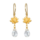 Spiritual Journey Lotus Crystal Earrings showcasing delicate gold lotus flowers and clear crystal drops, a perfect talisman for protection and meditation. This spiritual jewelry is meaningful for yoga and manifestation enthusiasts.