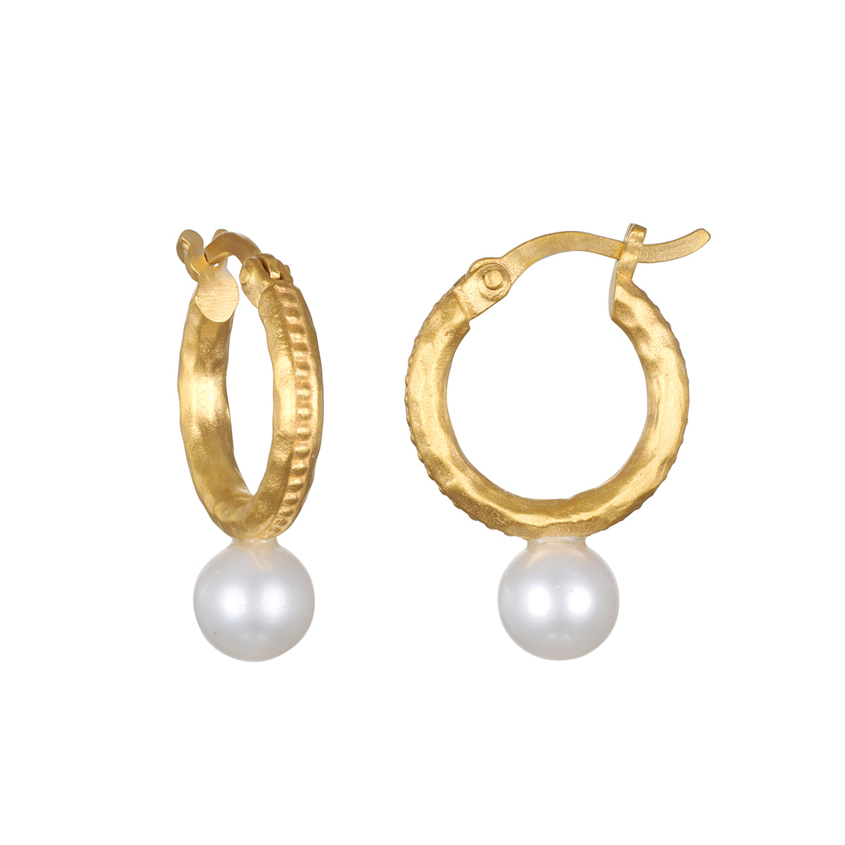 Nature's Harmony Pearl Hoop Earrings featuring textured 18kt gold plate with smooth freshwater pearl, symbolizing beauty and positivity. Ideal spiritual jewelry for meditation and meaningful manifestations, embodying protection and harmony in one's zodiac journey.