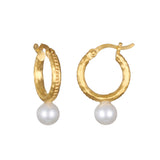 Nature's Harmony Pearl Hoop Earrings featuring textured 18kt gold plate with smooth freshwater pearl, symbolizing beauty and positivity. Ideal spiritual jewelry for meditation and meaningful manifestations, embodying protection and harmony in one's zodiac journey.