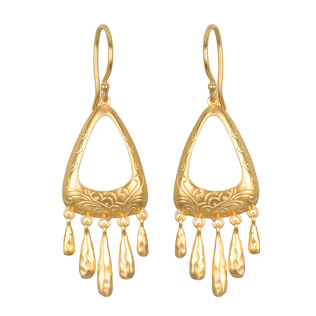 Falling Petals Earrings in 18kt gold plate, featuring delicate petal designs that catch the light beautifully. This piece embodies spiritual jewelry with its meaningful representation of evolution and beauty, ideal for adding to your collection of talismans and meditation accessories, enhancing your yoga practice, or manifesting positive energy.