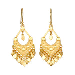 Beauty Unveiled Chandelier Earrings showcase a delicate design in 18kt gold plate, perfect for those who appreciate spiritual jewelry and meaningful adornments. These earrings shimmer like the sun and moon, embodying transformation and renewal, making them a wonderful talisman for meditation and manifestation.