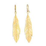 Spiritual Messenger Feather Earrings showcasing delicate feather design in 18kt gold plate, embodying spiritual connection and guidance, perfect for meditation and as a talisman. Ideal for yoga enthusiasts and those seeking meaning and manifestation in their lives, reflecting elements of zodiac and protection.
