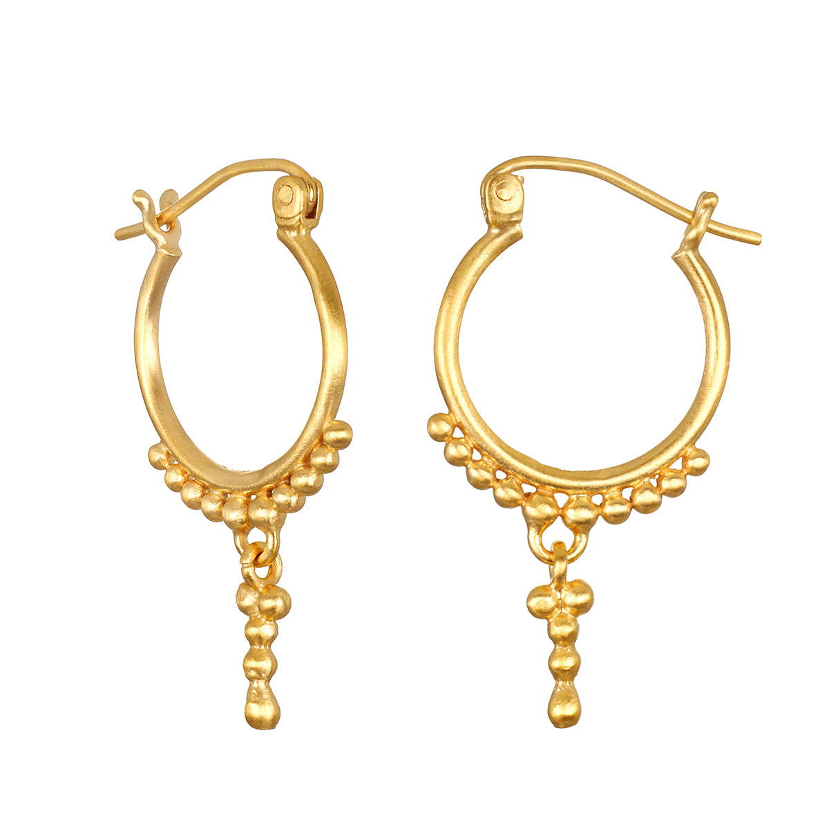 Stylish Drops of Beauty Dot Hoop Earrings in 18kt gold plate, designed with delicate gold dots and tiny droplets, symbolizing joy and possibility in spiritual jewelry and meditation.