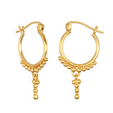 Stylish Drops of Beauty Dot Hoop Earrings in 18kt gold plate, designed with delicate gold dots and tiny droplets, symbolizing joy and possibility in spiritual jewelry and meditation.