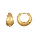 Close-up of Little Joys Dot Huggie Hoop Earrings showcasing a handcrafted design in 18kt gold plate. These huggie earrings feature a line of gold beads, perfect for adding a touch of elegance to your spiritual jewelry collection—ideal for meditation, manifestation, and enhancing your zodiac energy.