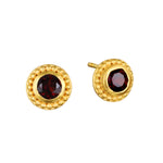 Grounding Energy Garnet Stud Earrings featuring round garnet gemstones surrounded by 18kt gold plating, perfect for anyone seeking spiritual jewelry that enhances strength and promotes meditation. These earrings serve as a meaningful talisman for protection and manifestation in everyday wear.