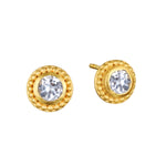 Insightful Spirit White Topaz Stud Earrings showcasing round white topaz surrounded by delicate beads of 18kt gold plate, perfect for spiritual jewelry and meaningful adornment during meditation and manifestation practices.