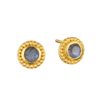 Tap Into Intuition Labradorite Stud Earrings featuring round labradorite stones surrounded by 18kt gold plate, perfect for spiritual jewelry and meditation. These elegant studs serve as a meaningful talisman for manifestation and protection, aligned with the energies of the sun and moon, making them ideal for yoga and zodiac practices.