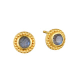 Tap Into Intuition Labradorite Stud Earrings featuring round labradorite stones surrounded by 18kt gold plate, perfect for spiritual jewelry and meditation. These elegant studs serve as a meaningful talisman for manifestation and protection, aligned with the energies of the sun and moon, making them ideal for yoga and zodiac practices.