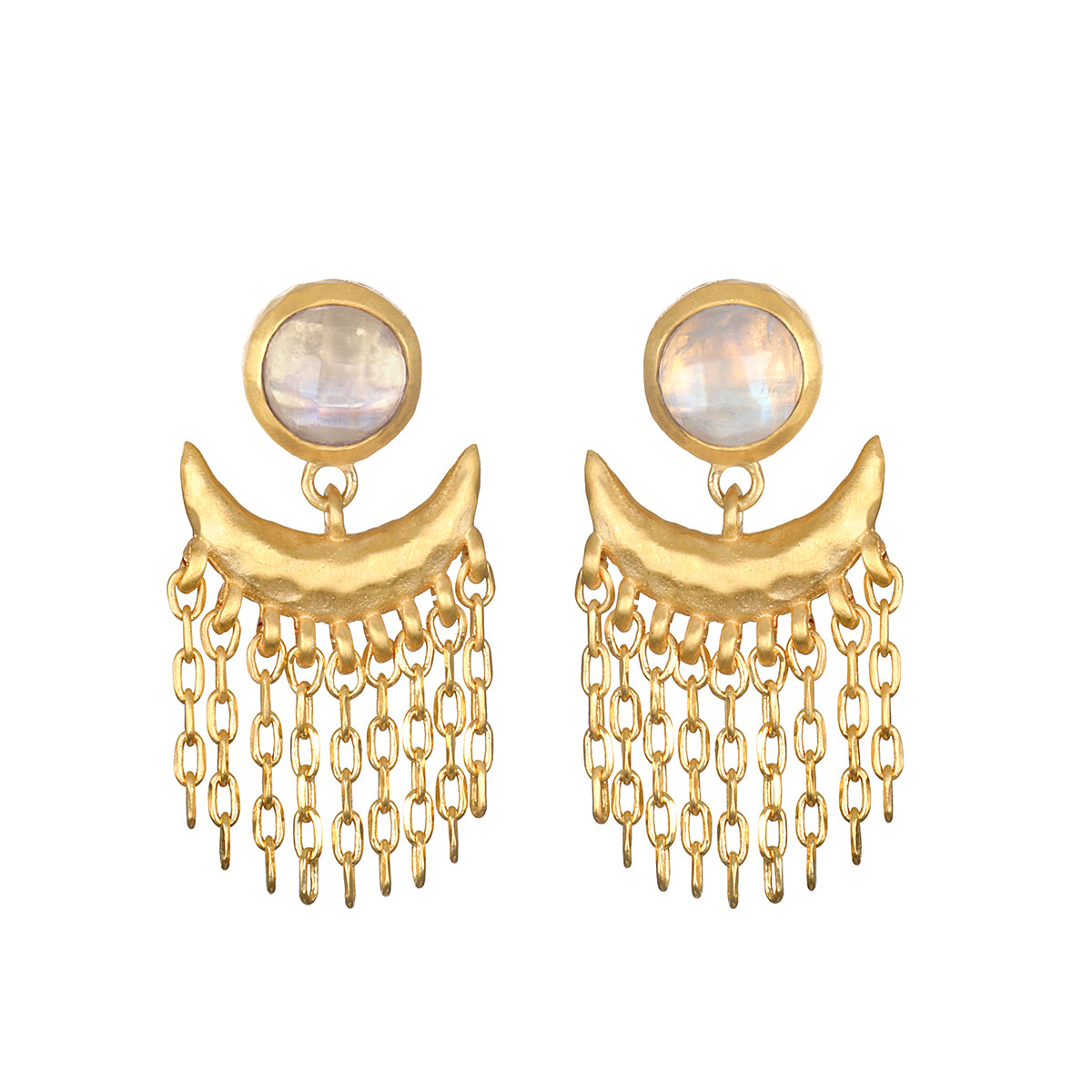 Scattering Stardust Moonstone Fringe Stud Drop Earrings, featuring elegant moonstone stones with cascading chains that evoke spiritual jewelry meaning, perfect for meditation and embodiment of zodiac energies, aligning with the essence of the sun and moon for protection and manifestation.