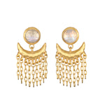 Scattering Stardust Moonstone Fringe Stud Drop Earrings, featuring elegant moonstone stones with cascading chains that evoke spiritual jewelry meaning, perfect for meditation and embodiment of zodiac energies, aligning with the essence of the sun and moon for protection and manifestation.