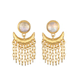 Scattering Stardust Moonstone Fringe Stud Drop Earrings, featuring elegant moonstone stones with cascading chains that evoke spiritual jewelry meaning, perfect for meditation and embodiment of zodiac energies, aligning with the essence of the sun and moon for protection and manifestation.