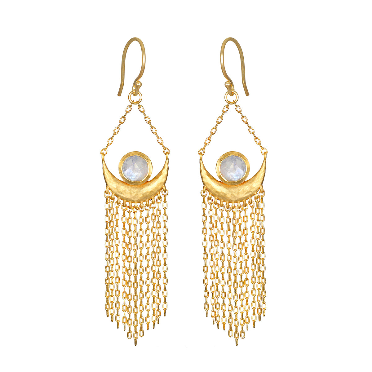 Cascade of Starlight Moonstone Fringe Drop Earrings, featuring delicate golden chains and a crescent moon design, embodying spiritual jewelry and meaningful protection talismans for yoga and meditation. Perfect for manifesting connection to the cosmos with the sun and moon symbolism.
