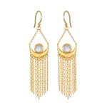 Cascade of Starlight Moonstone Fringe Drop Earrings, featuring delicate golden chains and a crescent moon design, embodying spiritual jewelry and meaningful protection talismans for yoga and meditation. Perfect for manifesting connection to the cosmos with the sun and moon symbolism.