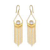 Cascade of Starlight Moonstone Fringe Drop Earrings, featuring delicate golden chains and a crescent moon design, embodying spiritual jewelry and meaningful protection talismans for yoga and meditation. Perfect for manifesting connection to the cosmos with the sun and moon symbolism.