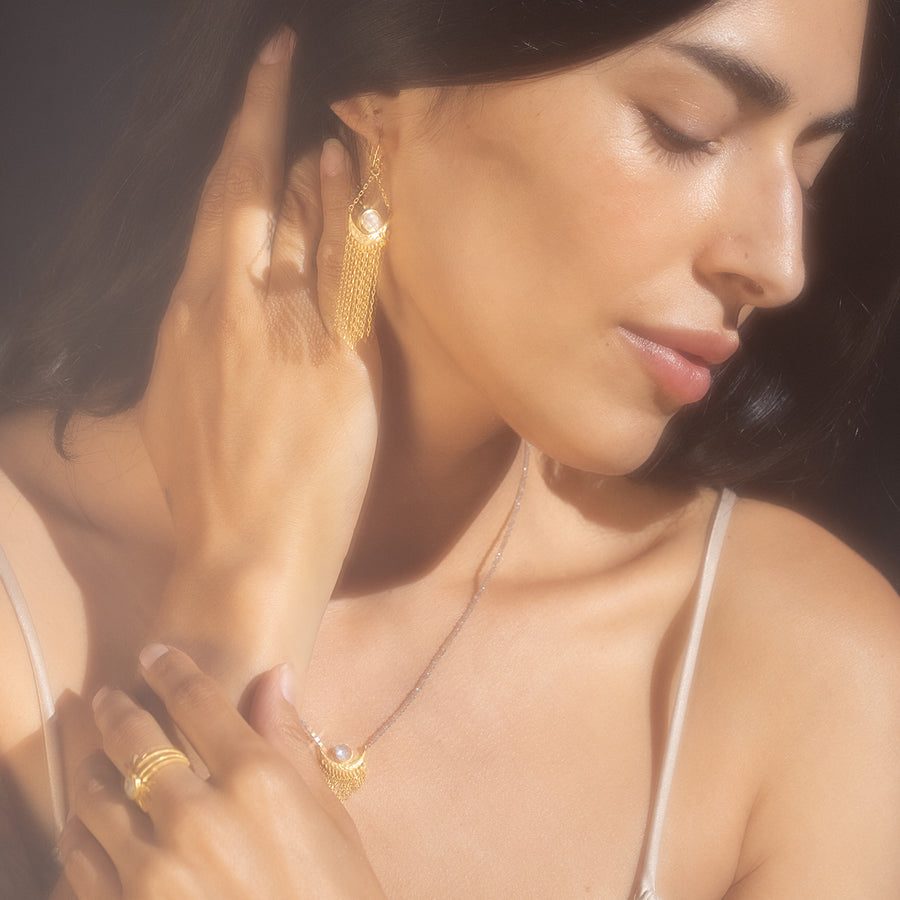 Cascade of Starlight Moonstone Fringe Drop Earrings