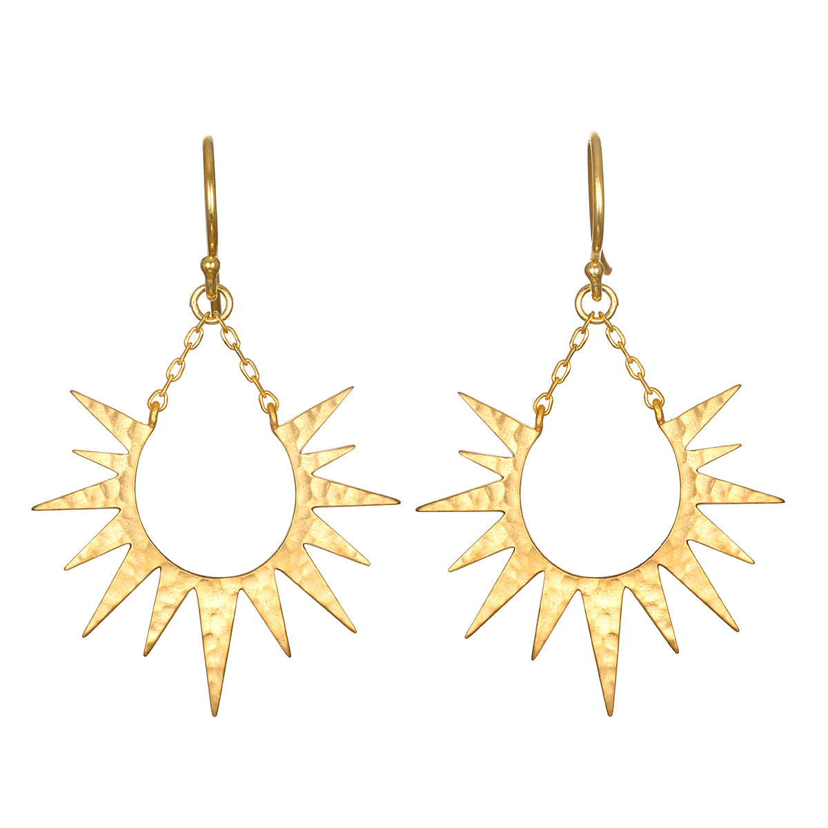 Lucent Glow Starburst Linear Drop Earrings, crafted in 18kt gold plated brass, embody spiritual jewelry that inspires meditation and meaningful manifestation, featuring a sunburst design that symbolizes guidance and dreams.
