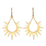 Lucent Glow Starburst Linear Drop Earrings, crafted in 18kt gold plated brass, embody spiritual jewelry that inspires meditation and meaningful manifestation, featuring a sunburst design that symbolizes guidance and dreams.