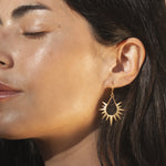 Model highlighting the Lucent Glow Starburst Linear Drop Earrings, radiating spiritual meaning and elegance, perfect for those seeking a connection to their zodiac and a reminder of their dreams during moments of meditation.