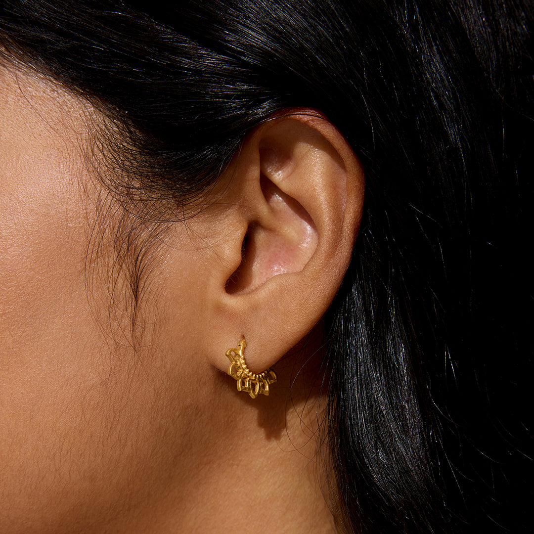 Close-up view of Blooming Love Lotus Petal Hoop Earrings worn, showcasing their elegant design that embodies spiritual protection and the essence of lotus symbolizing strength, perfect for meditation and meaningful moments.