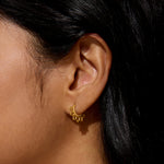Close-up view of Blooming Love Lotus Petal Hoop Earrings worn, showcasing their elegant design that embodies spiritual protection and the essence of lotus symbolizing strength, perfect for meditation and meaningful moments.