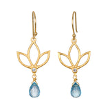 Ignite Renewal Blue Topaz Lotus Drop Earrings featuring a beautiful lotus design with sparkling blue topaz, perfect for those seeking spiritual jewelry. This meaningful piece symbolizes transformation and renewal, making it an ideal talisman for meditation and manifestation. Ideal for yoga enthusiasts and zodiac lovers, the earrings embody the essence of protection and harmony under the sun and moon.