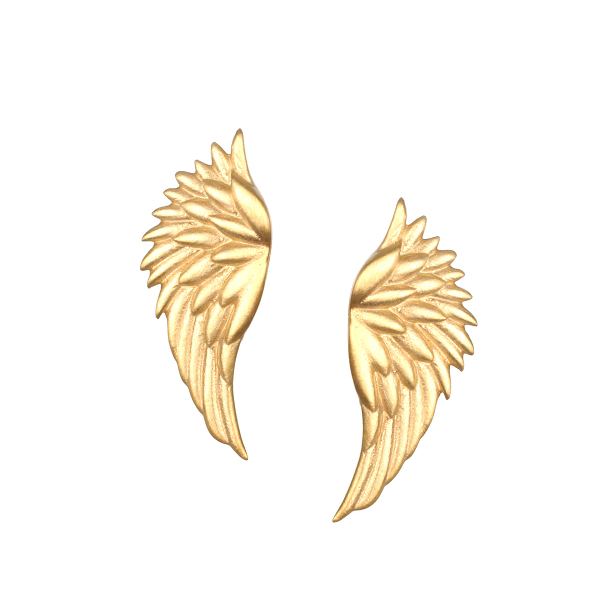 Guided Journey Angel Wing Stud Earrings, beautifully crafted in 18k gold plate over brass, symbolize spiritual guidance and protection. These meaningful pieces of spiritual jewelry are perfect for meditation, serve as a talisman, and resonate with energies of the sun and moon. Ideal for yoga enthusiasts and those on a journey of manifestation.