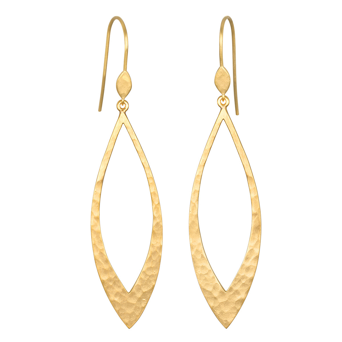 Pair of gold drop earrings with hammered almond-shaped pendants on curved wires.