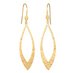 Pair of gold drop earrings with hammered almond-shaped pendants on curved wires.